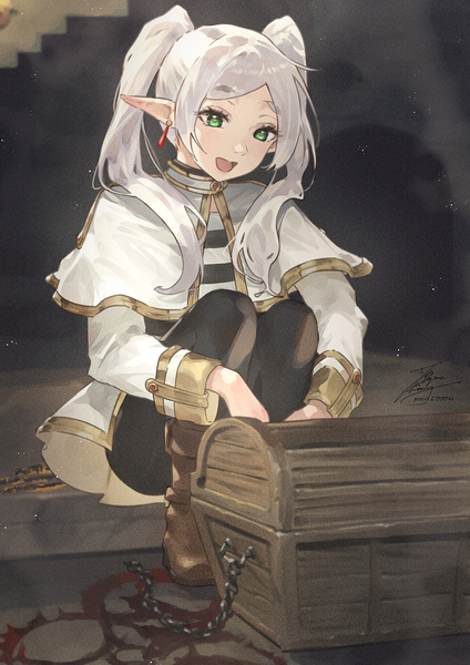 Anime picture 1061x1500 with sousou no frieren dark souls (series) from software frieren mimic (dark souls) fadingz single long hair tall image open mouth sitting twintails green eyes signed silver hair full body :d pointy ears looking down elf