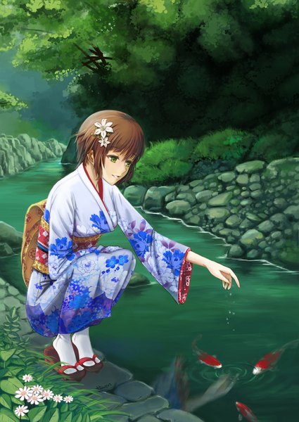 Anime picture 1241x1753 with original haven (no.201) single tall image short hair brown hair green eyes japanese clothes hair flower squat river girl hair ornament plant (plants) tree (trees) water kimono fish (fishes)