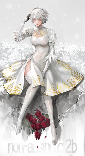 Anime picture 2389x4357 with nier nier:automata yorha no. 2 type b mucuzi single tall image fringe highres short hair breasts blue eyes simple background hair between eyes sitting full body white hair one eye closed arm up inscription mole