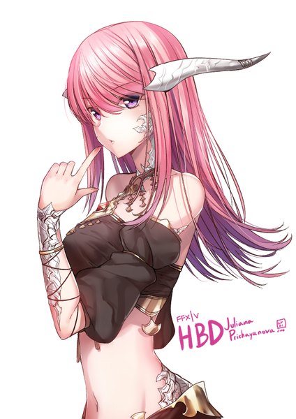 Anime picture 1200x1696 with final fantasy final fantasy xiv square enix au ra luzi (coffee-straw-luzi) single long hair tall image looking at viewer fringe breasts hair between eyes purple eyes bare shoulders pink hair upper body nail polish horn (horns) fingernails inscription