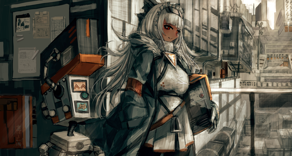 Anime picture 4096x2191 with original tibaya8 single long hair fringe highres red eyes wide image standing holding looking away absurdres outdoors blunt bangs wind grey hair open jacket dark skin city cityscape