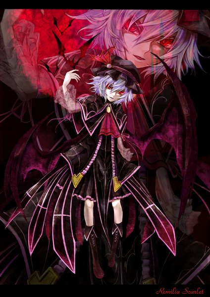 Anime picture 1500x2121 with touhou remilia scarlet kazabana fuuka single tall image short hair red eyes white hair demon wings zoom layer girl dress wings boots bonnet