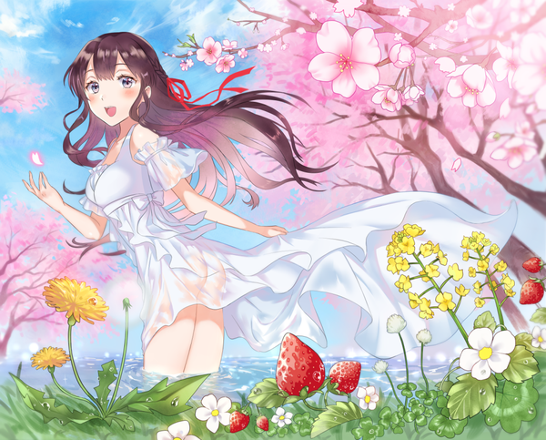 Anime picture 1100x886 with original niwata0 single long hair looking at viewer blush open mouth light erotic smile brown hair standing bare shoulders payot sky cloud (clouds) outdoors ass braid (braids) :d arm up