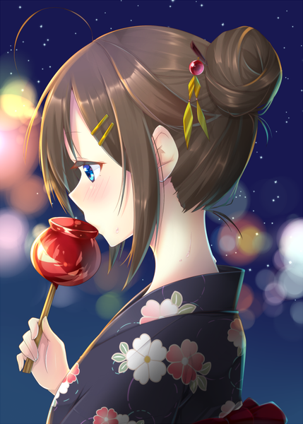 Anime picture 647x905 with kantai collection shigure destroyer joujou single long hair tall image blush fringe blue eyes hair between eyes brown hair holding payot looking away ahoge upper body traditional clothes japanese clothes profile hair bun (hair buns)