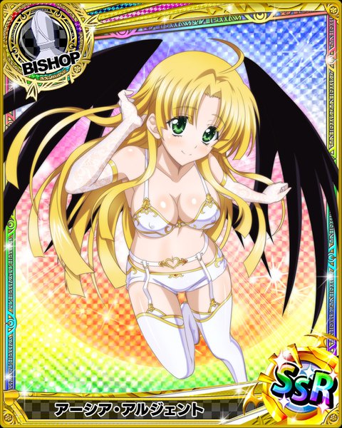 Anime picture 640x800 with highschool dxd asia argento single long hair tall image looking at viewer blush breasts light erotic blonde hair smile green eyes card (medium) girl thighhighs gloves white thighhighs wings elbow gloves lingerie