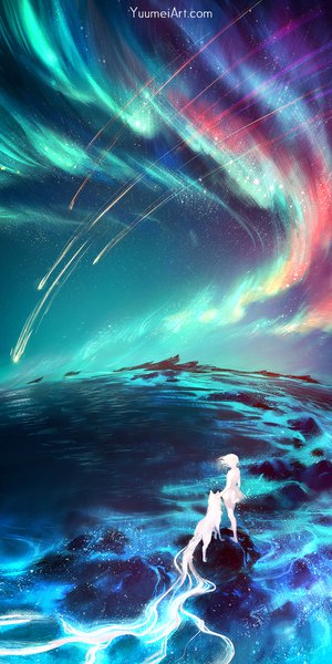Anime picture 1080x2160 with original yuumei single tall image short hair signed looking away full body outdoors barefoot from behind night night sky floating hair scenic shooting star meteor rain aurora borealis girl dress