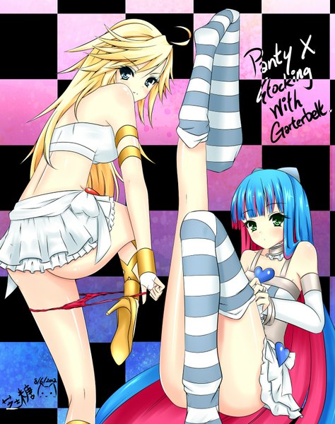 Anime picture 1350x1708 with panty & stocking with garterbelt anarchy stocking anarchy panty nagi-the-cheese (ppshex) long hair tall image looking at viewer blush blue eyes light erotic blonde hair multiple girls green eyes multicolored hair two-tone hair undressing colored inner hair girl thighhighs underwear