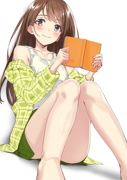 Anime picture 707x1000 with original kinugasa yuuichi single long hair tall image blush fringe light erotic simple background smile brown hair white background sitting bare shoulders holding brown eyes payot looking away bent knee (knees) head tilt