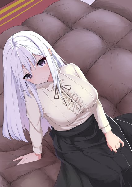 Anime picture 2508x3541 with azur lane enterprise (azur lane) isobeageage single long hair tall image looking at viewer fringe highres breasts large breasts sitting silver hair from above arm support grey eyes alternate costume girl skirt black skirt