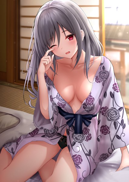 Anime picture 1032x1457 with idolmaster idolmaster cinderella girls kanzaki ranko monaka curl single long hair tall image looking at viewer blush fringe breasts open mouth light erotic hair between eyes red eyes large breasts sitting payot cleavage indoors