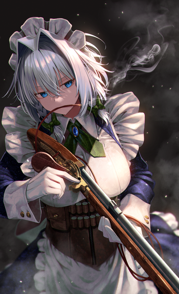 Anime picture 1556x2552 with touhou izayoi sakuya greenkohgen single tall image fringe short hair breasts blue eyes simple background hair between eyes large breasts standing holding looking away braid (braids) grey hair twin braids mouth hold black background