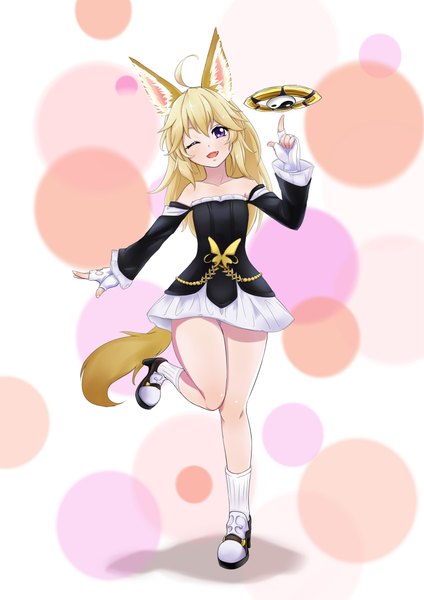 Anime picture 1500x2120 with tera online yumesai (artist) single long hair tall image blush open mouth blonde hair smile purple eyes bare shoulders animal ears animal tail one eye closed wink girl dress gloves socks shoes