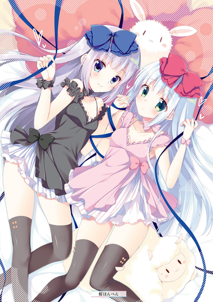 Anime picture 1451x2048 with alice or alice airi (alice or alice) rise (alice or alice) sakura hanpen long hair tall image looking at viewer blush fringe light erotic smile purple eyes multiple girls holding green eyes signed cleavage bent knee (knees) white hair arm up