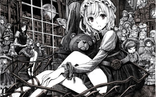 Anime picture 1920x1200 with touhou flandre scarlet patchouli knowledge koakuma long hair looking at viewer highres short hair blonde hair wide image sitting multiple girls grey hair grey eyes monochrome head wings vampire white skin grey skin girl