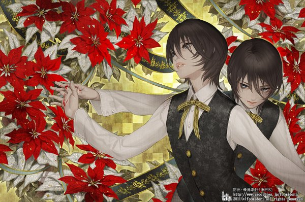Anime picture 1204x800 with original midori foo fringe short hair hair between eyes brown hair green eyes looking away parted lips head tilt lips looking up twins floral background flower (flowers) ribbon (ribbons) shirt white shirt blood vest