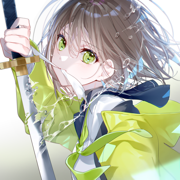 Anime picture 1250x1250 with original miwano rag single looking at viewer fringe short hair simple background hair between eyes brown hair holding green eyes signed upper body arm up gradient background mouth hold girl uniform weapon sword