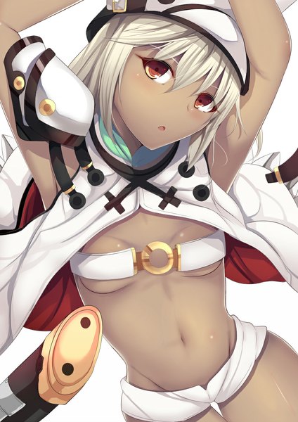 Anime picture 800x1133 with daiaru long hair tall image blush breasts open mouth light erotic white background brown eyes white hair midriff dark skin girl navel