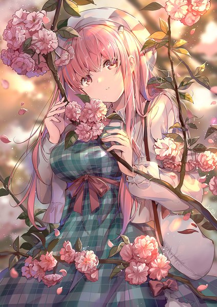 Anime picture 1000x1415 with touhou hata no kokoro kita (kitairoha) single long hair tall image looking at viewer fringe hair between eyes pink hair outdoors pink eyes cherry blossoms adapted costume girl dress petals beret branch plaid dress