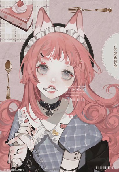 Anime picture 706x1024 with original iotaectoplasm single long hair tall image looking at viewer fringe open mouth simple background holding animal ears pink hair upper body blunt bangs nail polish head tilt teeth grey eyes puffy sleeves lipstick