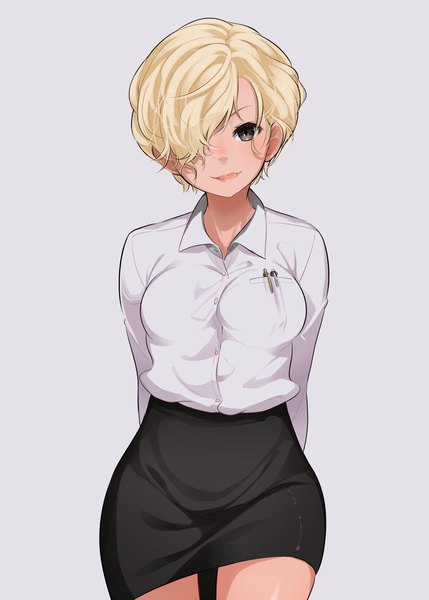Anime picture 2591x3624 with original keije single tall image looking at viewer blush fringe highres short hair simple background blonde hair smile standing black eyes hair over one eye grey background hands behind back office lady girl skirt