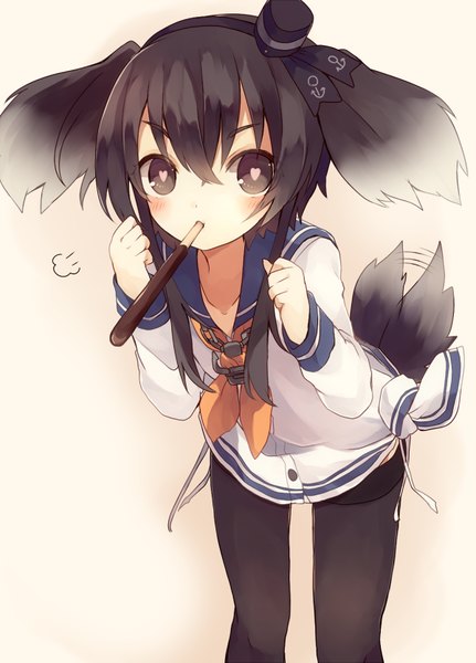 Anime picture 600x834 with kantai collection tokitsukaze destroyer shugao tall image blush short hair black hair simple background hair between eyes holding animal ears payot tail animal tail black eyes leaning leaning forward mouth hold symbol-shaped pupils dog ears