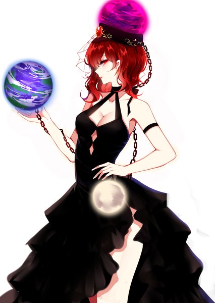 Anime-Bild 2200x3100 mit touhou hecatia lapislazuli sheya single long hair tall image looking at viewer highres light erotic red eyes white background bare shoulders red hair profile alternate costume hand on hip side slit cleavage cutout girl dress