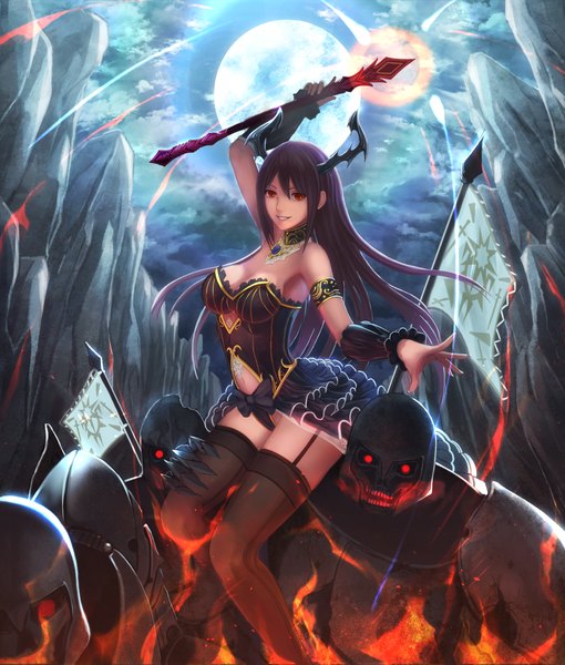Anime picture 1020x1200 with original yazuwo long hair tall image light erotic black hair smile red eyes sky cloud (clouds) horn (horns) girl thighhighs dress black thighhighs moon monster