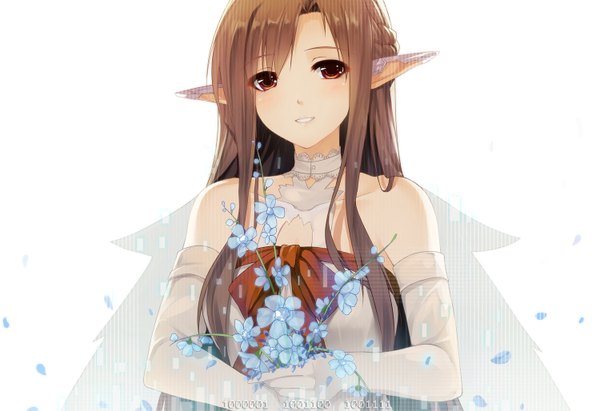 Anime picture 1500x1028 with sword art online a-1 pictures yuuki asuna titania (alo) caidychen single long hair red eyes brown hair bare shoulders pointy ears girl dress gloves flower (flowers) petals elbow gloves