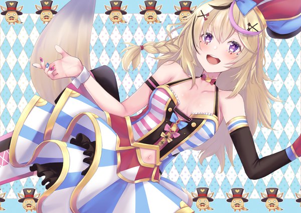 Anime picture 3541x2508 with virtual youtuber hololive omaru polka zain (omaru polka) ichi-go single long hair blush fringe highres open mouth blonde hair smile hair between eyes purple eyes bare shoulders payot looking away absurdres ahoge