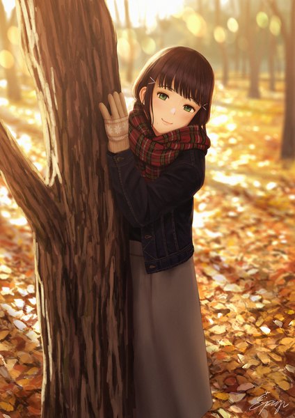 Anime picture 1116x1578 with love live! sunshine!! sunrise (studio) love live! kurosawa dia papi (papiron100) single tall image fringe short hair smile brown hair standing green eyes signed outdoors blunt bangs long sleeves blurry open clothes mole