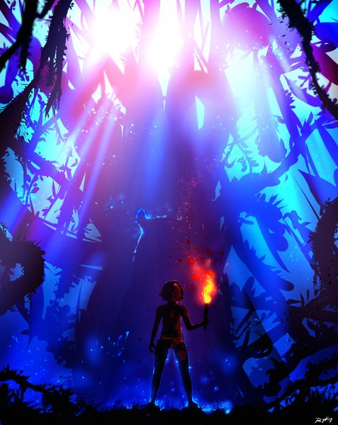 Anime picture 1385x1742 with original ryky single tall image short hair standing holding signed from behind sunlight blurry shadow spread legs depth of field back sunbeam girl plant (plants) tree (trees) grass