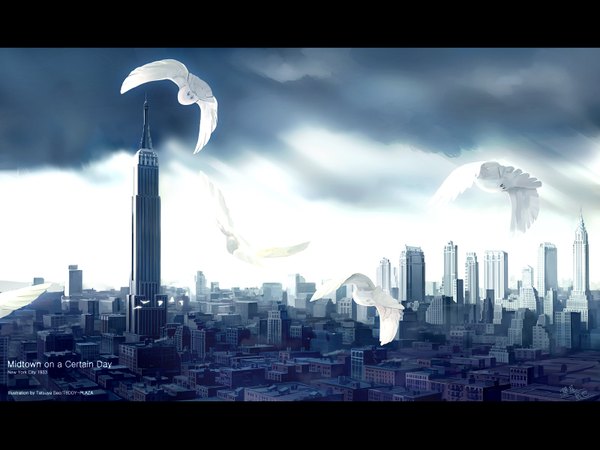 Anime picture 1600x1200 with original seo tatsuya signed cloud (clouds) text letterboxed no people english animal bird (birds) building (buildings) skyscraper pigeon new york empire state building