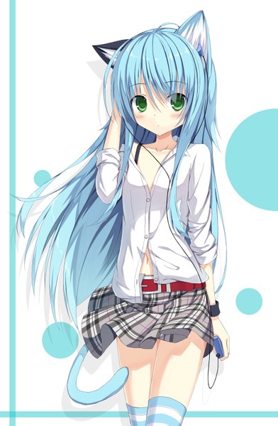 Anime picture 1100x1684 with original crim soda single long hair tall image looking at viewer blush fringe light erotic simple background hair between eyes standing white background holding animal ears blue hair ahoge tail animal tail pleated skirt