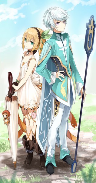 Anime picture 700x1324 with tales of (series) tales of zestiria edna (tales) normin (tales) mikleo (tales) shirako miso tall image fringe short hair blonde hair smile hair between eyes standing purple eyes bare shoulders sky silver hair cloud (clouds) full body aqua eyes