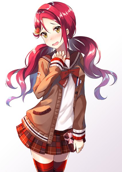 Anime picture 708x1000 with love live! sunshine!! sunrise (studio) love live! sakurauchi riko syuurin single long hair tall image looking at viewer blush fringe open mouth simple background hair between eyes standing white background twintails holding yellow eyes red hair