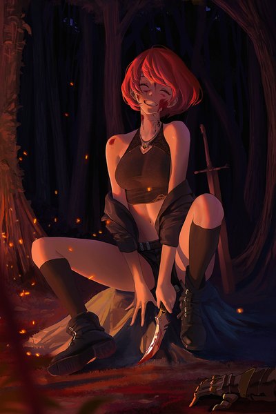 Anime picture 1000x1500 with original cool4noodle single tall image fringe short hair breasts smile sitting bare shoulders holding full body bent knee (knees) outdoors red hair eyes closed off shoulder night open jacket grin