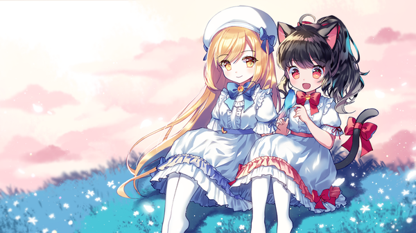 Anime picture 1280x720 with original mechuragi long hair looking at viewer blush fringe open mouth black hair blonde hair smile red eyes wide image sitting multiple girls animal ears yellow eyes payot sky cloud (clouds) ahoge