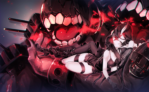 Anime picture 1000x617 with kantai collection battleship-symbiotic hime battleship water oni kyara36 long hair breasts open mouth light erotic black hair hair between eyes red eyes wide image bare shoulders multiple girls horn (horns) teeth high heels legs glowing shoujo ai