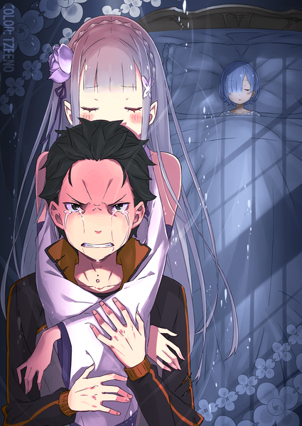 Anime picture 1134x1600 with re:zero kara hajimeru isekai seikatsu white fox rem (re:zero) emilia (re:zero) natsuki subaru ootsuka shin'ichirou long hair tall image looking at viewer blush fringe short hair black hair standing sitting bare shoulders multiple girls blue hair silver hair lying