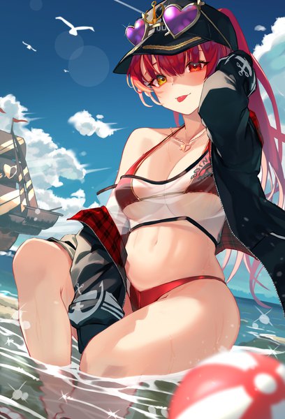 Anime picture 4115x6048 with virtual youtuber hololive houshou marine houshou marine (summer) roco (rocoroco1115) single long hair tall image looking at viewer fringe highres breasts light erotic smile hair between eyes red eyes large breasts sitting yellow eyes absurdres