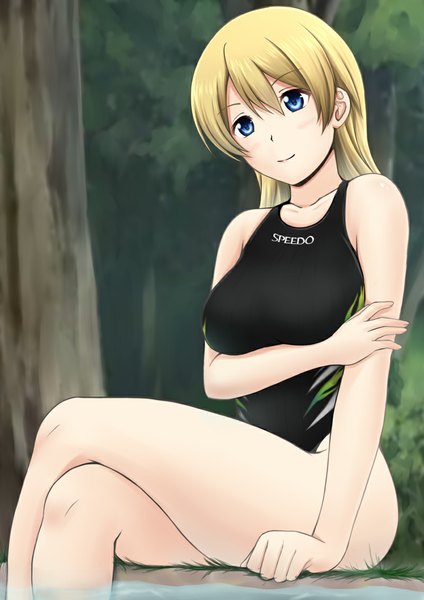 Anime picture 800x1132 with fuuma nagi single long hair tall image blue eyes light erotic blonde hair sitting crossed legs girl swimsuit plant (plants) tree (trees) one-piece swimsuit competition swimsuit black swimsuit