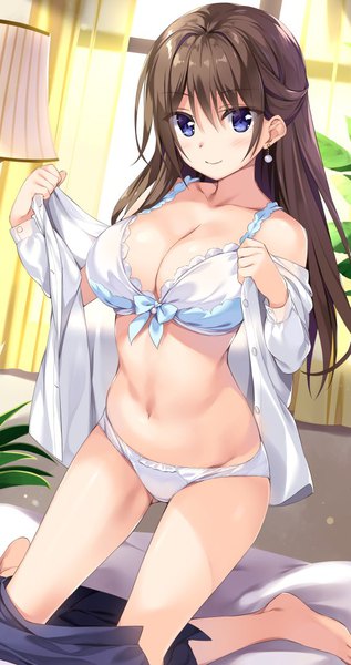 Anime picture 569x1075 with boku no kanojo sensei fujiki maka oryou single long hair tall image looking at viewer blush fringe breasts blue eyes light erotic smile hair between eyes brown hair large breasts cleavage indoors barefoot off shoulder