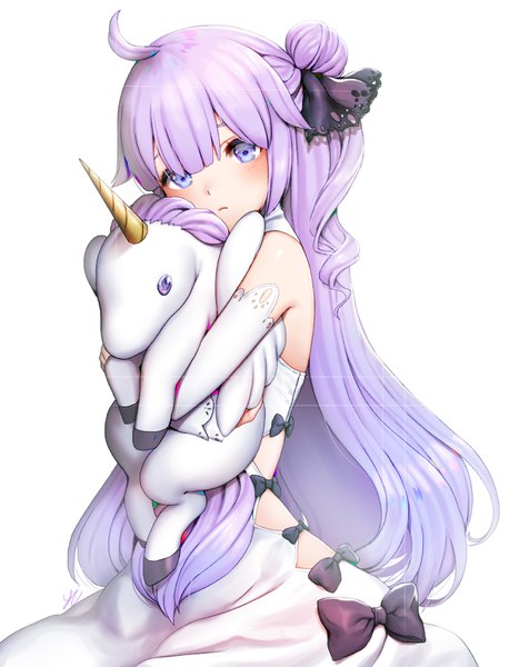 Anime picture 2500x3275 with azur lane unicorn (azur lane) y.i. (lave2217) single long hair tall image looking at viewer blush highres blue eyes white background signed purple hair ahoge hair bun (hair buns) hug girl dress bow detached sleeves