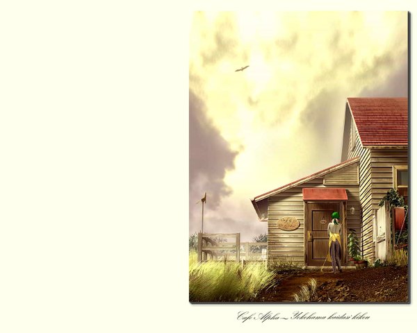 Anime picture 1280x1024 with yokohama kaidashi kikou hatsuseno alpha single standing cloud (clouds) ponytail green hair from behind girl bow plant (plants) hair bow animal bird (birds) building (buildings) apron pants grass potted plant house