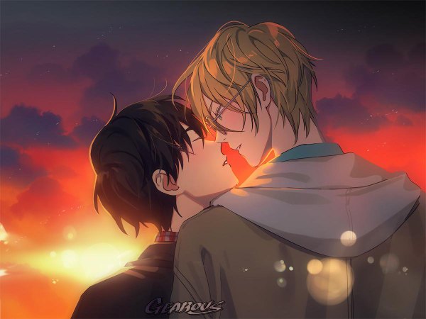 Anime picture 1200x900 with banana fish mappa ash lynx okumura eiji gearous fringe short hair black hair blonde hair hair between eyes signed looking away cloud (clouds) upper body outdoors eyes closed parted lips profile aqua eyes from behind