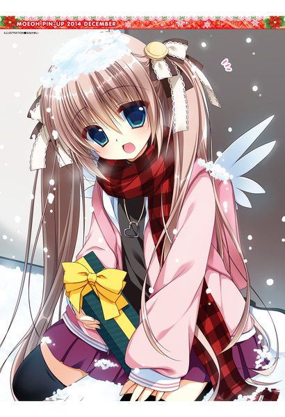 Anime picture 2000x2926 with dengeki moeou nanaka mai single long hair tall image looking at viewer blush highres open mouth blue eyes brown hair sitting twintails head tilt scan arm support official art snowing winter snow