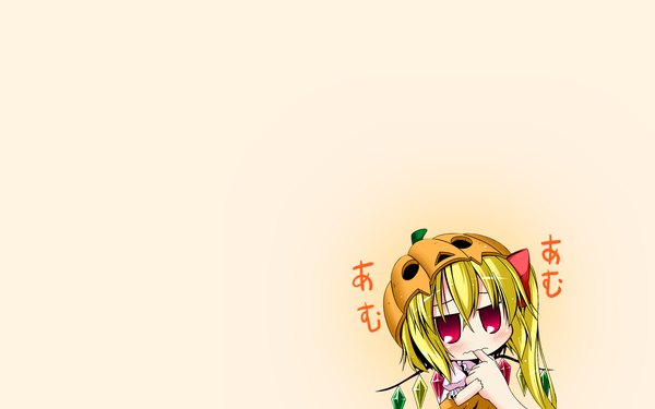Anime picture 1920x1200 with touhou flandre scarlet ichimi blush highres simple background wide image white background halloween chibi girl ribbon (ribbons) wings vegetables pumpkin