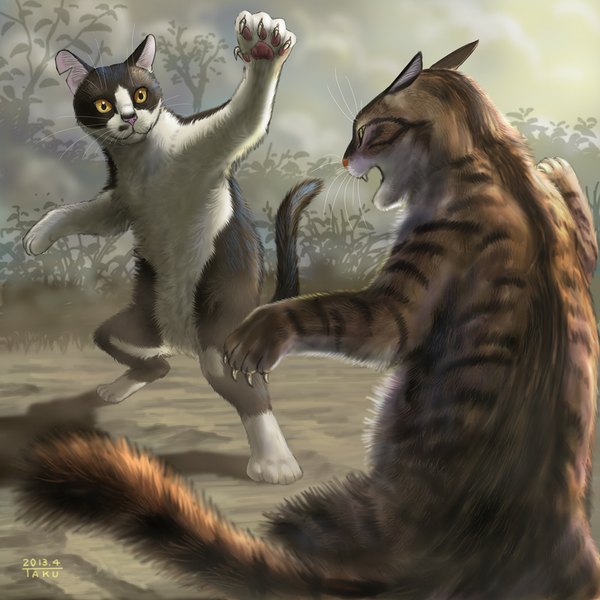 Anime picture 1000x1000 with original matataku open mouth standing yellow eyes sky profile no people fighting stance angry nature battle plant (plants) animal tree (trees) leaf (leaves) cat