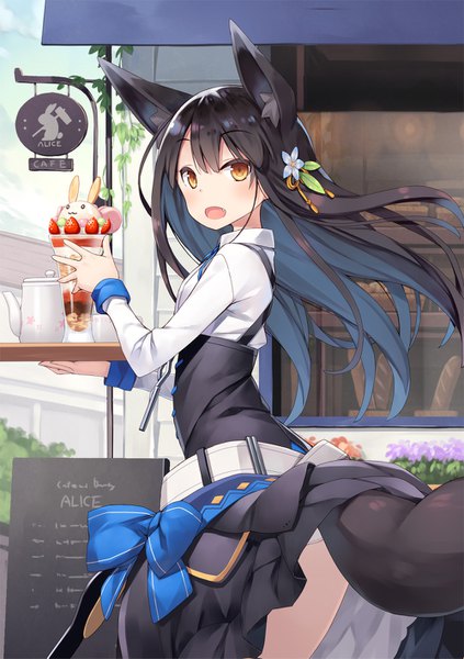 Anime picture 1000x1417 with original kuromitsu nene poco (asahi age) single long hair tall image looking at viewer blush open mouth light erotic black hair animal ears yellow eyes tail animal tail pantyshot skirt lift waitress girl skirt