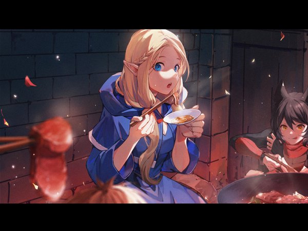 Anime picture 4000x2997 with dungeon meshi studio trigger marcille donato izutsumi pandako long hair looking at viewer highres short hair blue eyes black hair blonde hair multiple girls animal ears absurdres indoors pointy ears letterboxed eating brick wall